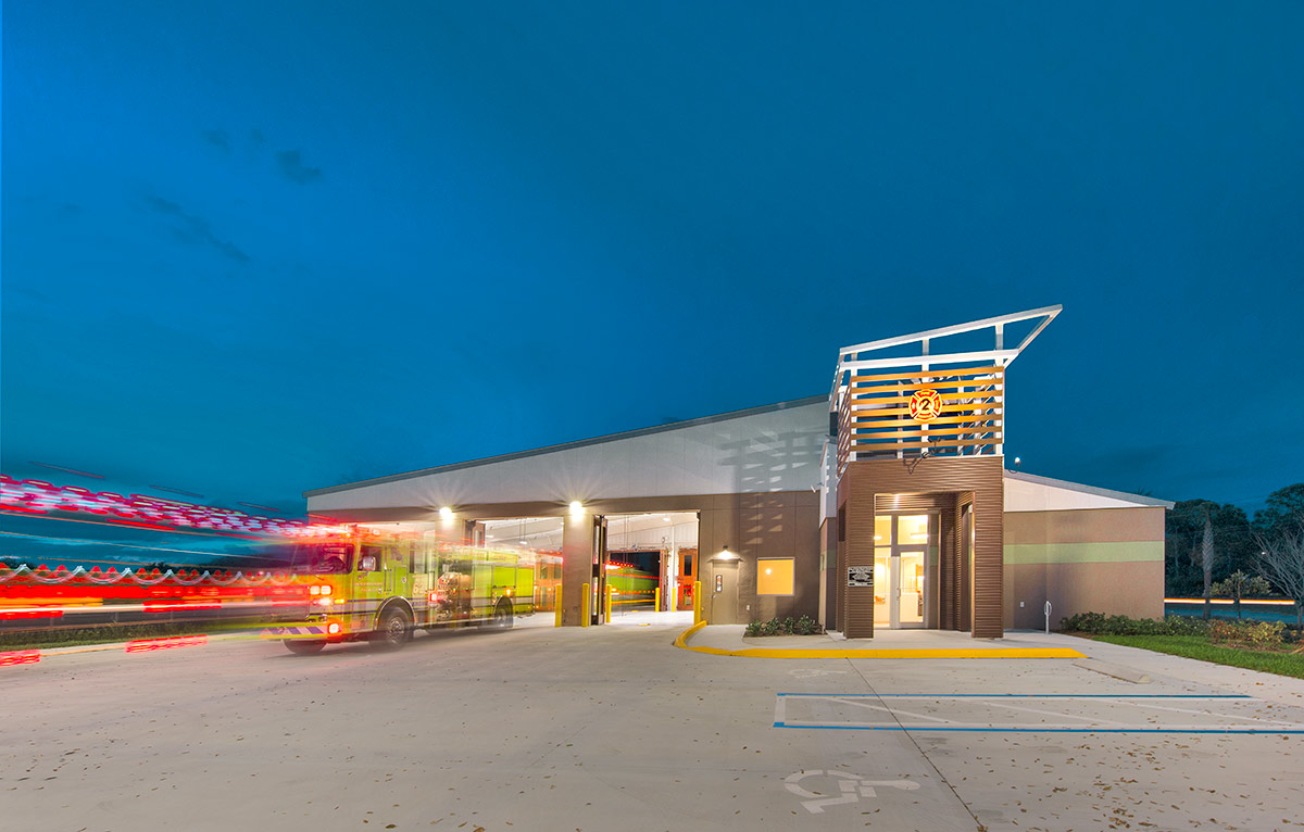 Architectiural dusk view of Palm Beach Gardens fire and rescue.